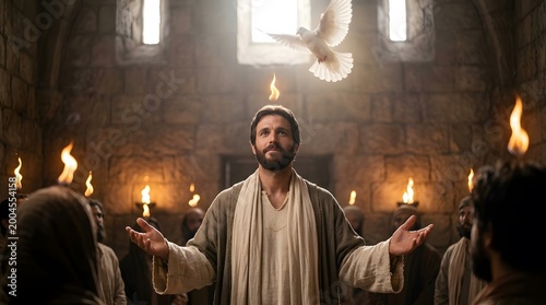 Man representing Jesus Christ with white dove and tongues of fire above head. Biblical scene of Pentecost or Holy Spirit descent. Religious concept for church, faith and worship background.