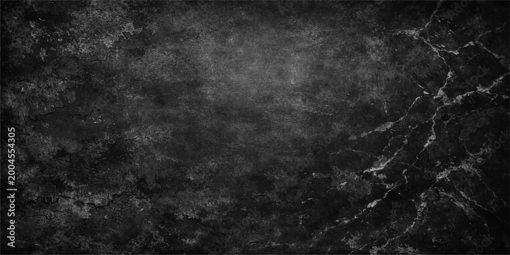 Fototapeta premium A dark aged grunge background featuring a textured black and white vintage wall surface with a dirty paper pattern and blank grey chalkboard frame design