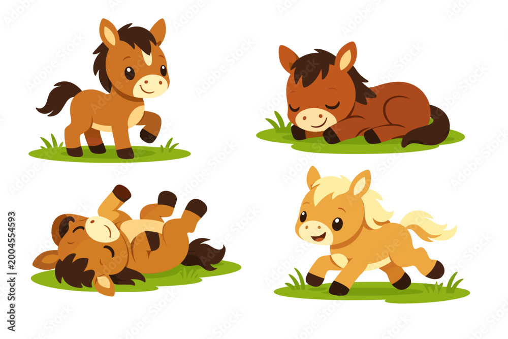 Fototapeta premium Set of four adorable cartoon foals in various poses like sleeping, running, and rolling on green grass. Cute baby horse vector illustration for nursery decor, stickers, and children's creative art.