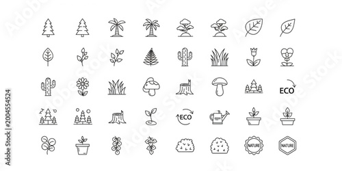 Minimal tree and plant line icon set with forest nature elements outline vector collection