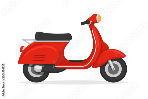 Classic Red Vintage Motor Scooter Moped Side View Flat Vector Illustration Isolated on White Background. Retro Urban Transportation Vehicle for City Travel, Delivery, and Lifestyle Design.