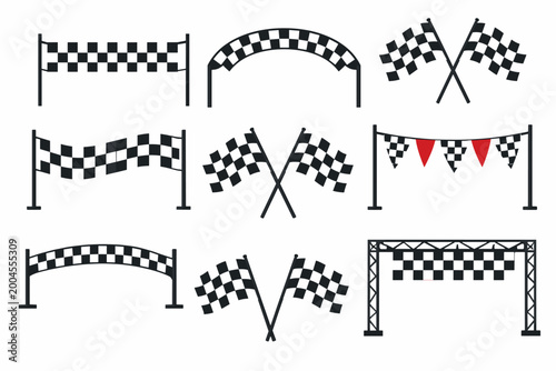 Set of racing finish line banners, crossed checkered flags, and start line arches on white background. Flat vector illustration of motor sports competition elements for victory and speed.