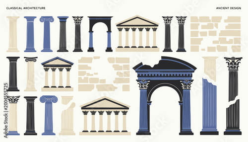 Foto Classic architectural temple facade elements and ornate greek pillars with ruine