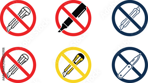 
Collection of prohibition safety signs showing restricted items including box cutters, folding knives, and markers for security awareness illustration