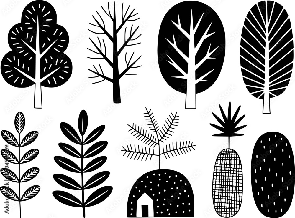 Fototapeta premium Collection of black and white stylized trees and plants white background, nature