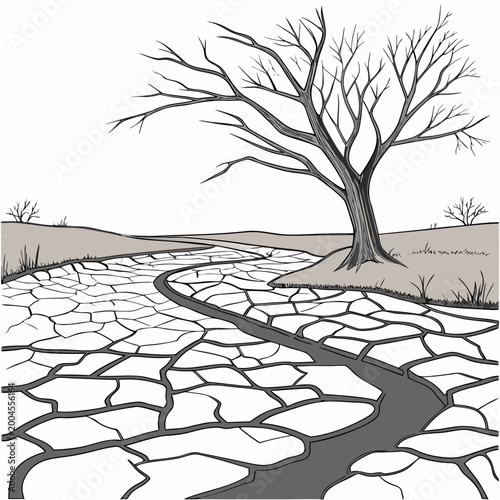 Schilderij op canvas Dry landscape with bare tree and cracked earth