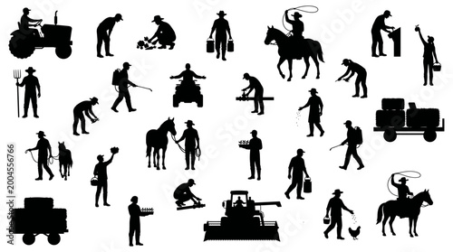 Schilderij op canvas Farmer and rancher silhouettes performing agricultural activities and livestock