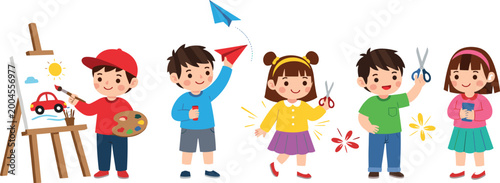 Obraz na plátně Cute kids doing creative activities cartoon set with painting crafting and paper
