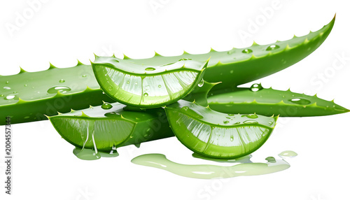 Close-up of sliced aloe vera leaves with water droplets, showing fresh green gel