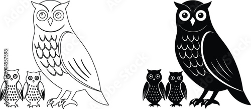 Photos Family of owls illustration featuring adult and small owlets in outline and solid design