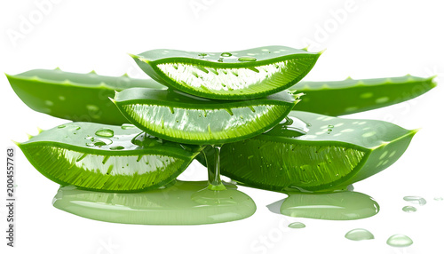 Close-up of sliced, juicy green leaves of a succulent plant, showing clear gel