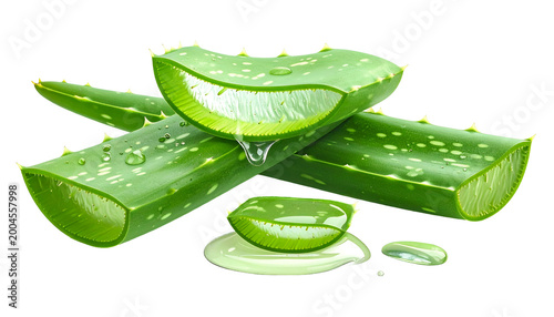 Vivid depiction of sliced aloe vera leaves with glistening gel against a dark backdrop