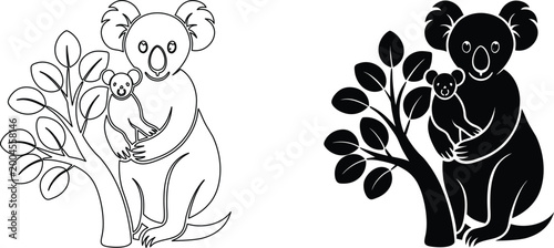 Bild auf Leinwand Koala mother with baby sitting on tree branch isolated on transparent background vectors