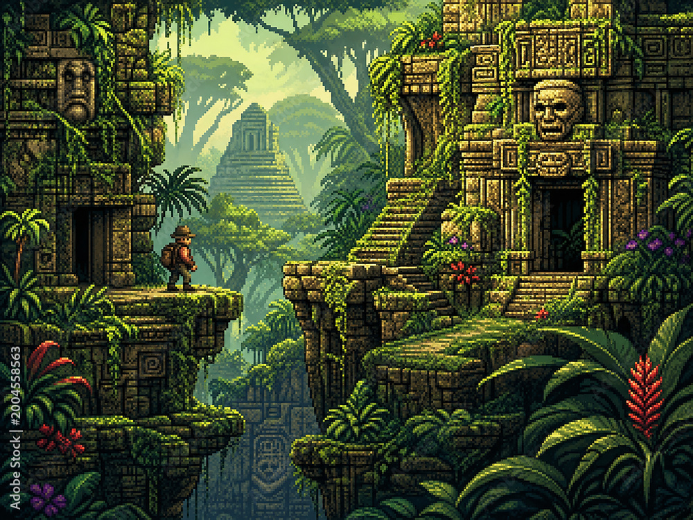 Fototapeta premium Ancient Jungle Temple Pixel Art with Mayan Ruins and Vines