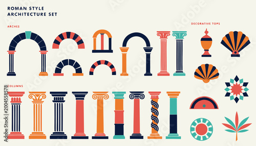 Fotografía Roman architecture set arches columns decorative tops vector illustration