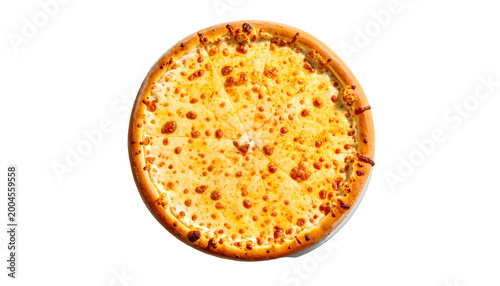 Overhead shot of a freshly baked pizza with melted cheese, crust visible, set against black