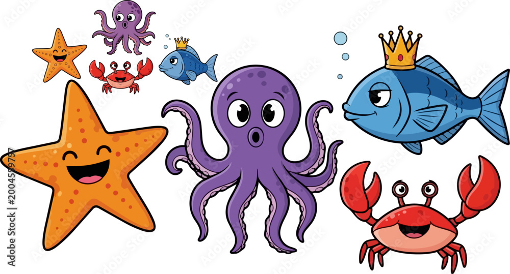 Obraz premium Cartoon sea creatures, ocean animals, colorful stickers, vector icons, octopus, starfish, crab, fish