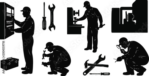 Industrial worker and maintenance technician vector illustration with machine repair tools engineering service and factory equipment icons set