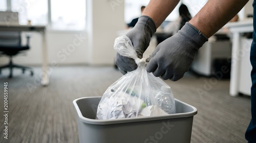 Office worker wearing grey safety gloves secures a plastic trash bag while cleaning up a workspace during the day.