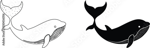 Whale swimming silhouette and line art illustration set for marine life design and decor.