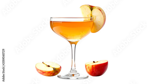 A cocktail in a stemmed glass with apple garnish and cut apple pieces on black background