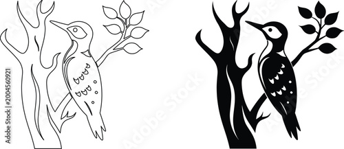 Canvas-taulu Woodpecker on tree branch silhouette and outline set bird on trunk wildlife vector design