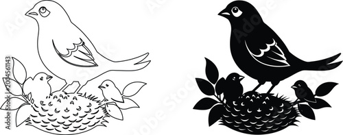 Tableau sur toile Bird family in nest illustration set with silhouette and outline versions of mother chicks