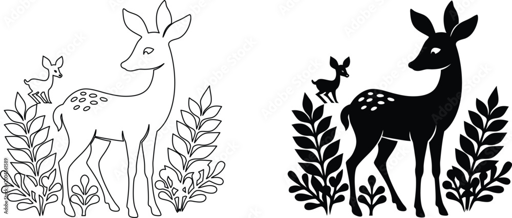 Fototapeta premium Deer and fawn in foliage line art and solid black silhouette on transparent background vector.