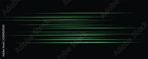 Dynamic green glowing horizontal speed lines isolated on dark background, fast futuristic motion blur vector