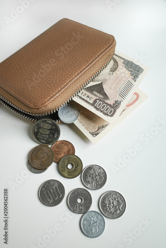 Cash and Coins with Brown Wallet on Minimal White Background, 