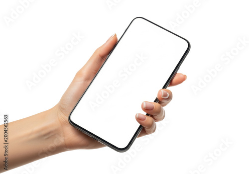slender light tan female hand with minimalist clear nails holding a modern charcoal smartphone with a blank white screen mockup, isolated on transparent copy space. concept for digital product