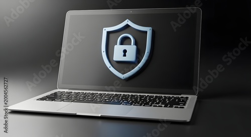Modern 3D illustration depicting a sleek laptop with a prominent security shield and padlock icon, symbolizing strong digital data protection and internet privacy measures