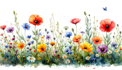 Watercolor depiction of a vibrant meadow with various colorful flowers and a blue butterfly