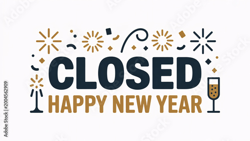 Closed happy new year sign with festive fireworks and champagne on white background