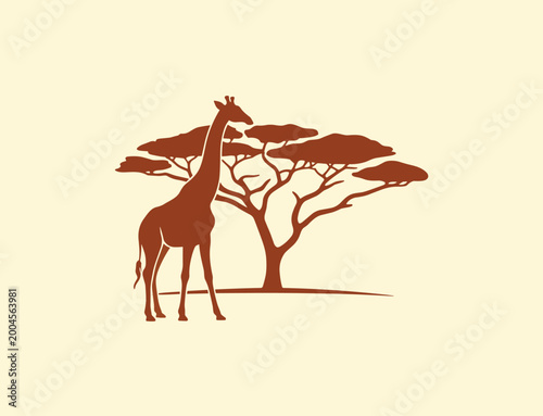 Giraffe and acacia tree silhouette on beige background