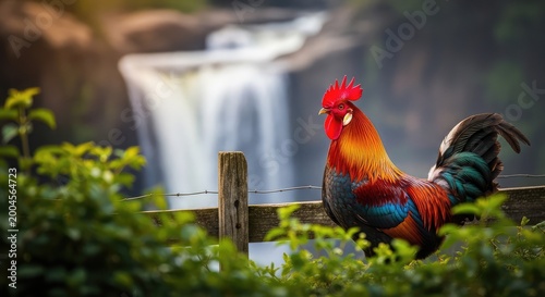 Vibrant rooster in a garden a colorful farmyard scene