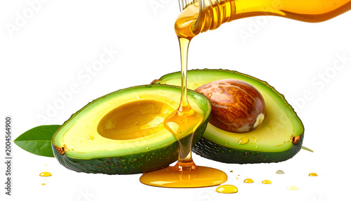 Oil pouring onto halved avocado with a pit and leaf on a transparent background