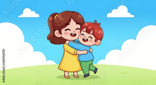 Cartoon illustration of a woman hugging a little boy on a green hill with clouds