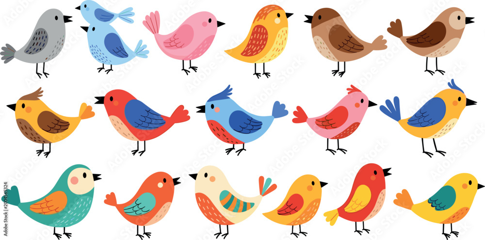 Fototapeta premium Colorful Bird Collection with Various Species in Playful Poses for Nature, Wildlife, and Children's Design Projects