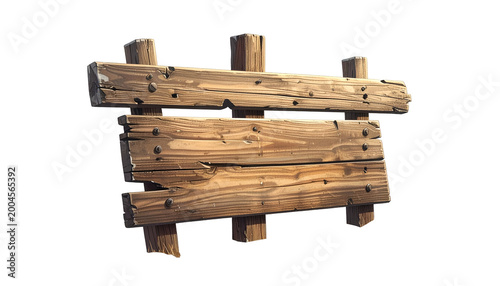 Weathered, wooden sign, consisting of two planks and vertical posts. Black background