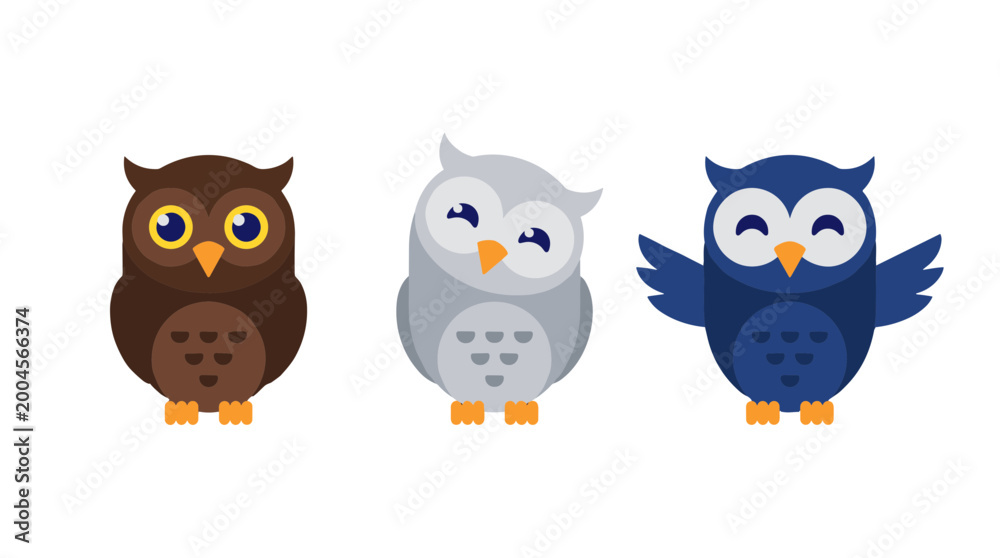 Fototapeta premium Cute Owls Characters Set Vector Illustration, Wise Birds in Different Poses and Colors, Forest Animals Mascot Design Icons Isolated on White