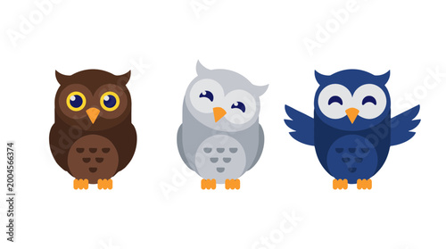 Cute Owls Characters Set Vector Illustration, Wise Birds in Different Poses and Colors, Forest Animals Mascot Design Icons Isolated on White