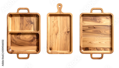 Three wooden serving trays with various shapes and handles against a black background