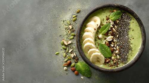 Vibrant green smoothie bowl topped with banana slices, chia seeds, nuts, and mint leaves on textured gray background. composition is minimal and artistic