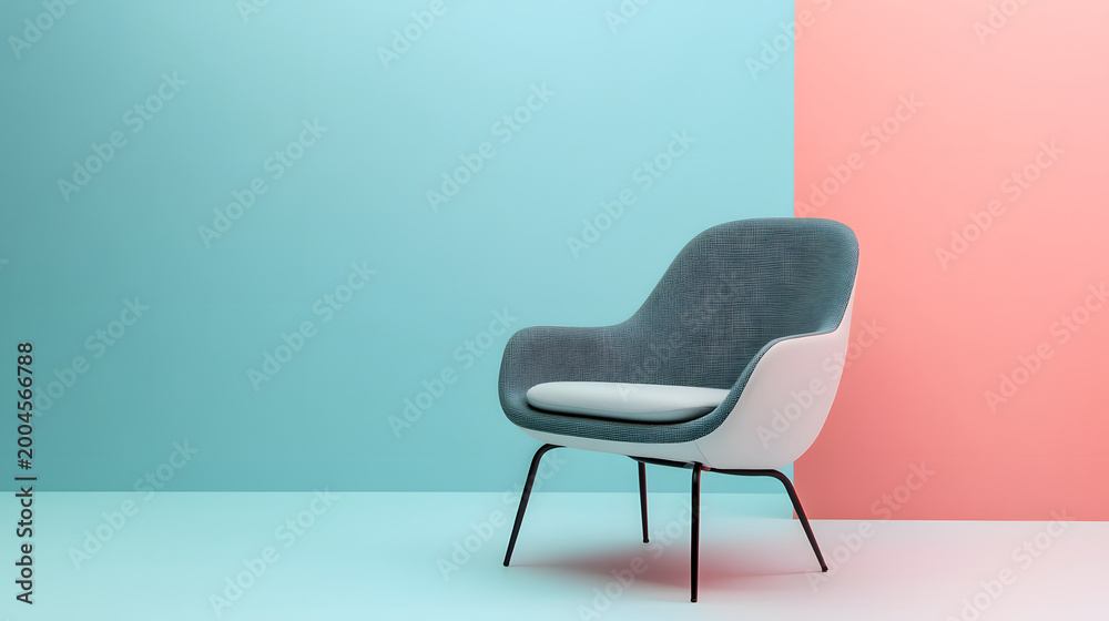 Obraz premium Modern chair with sleek design sits on clean pastel background, featuring blend of blue and pink tones, creating minimalist and stylish atmosphere