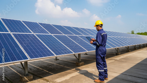 Картината върху платно Engineer in blue jumpsuit inspecting panels