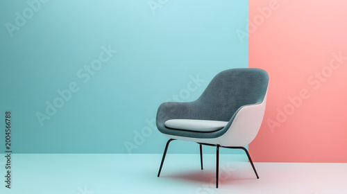 Modern chair with sleek design sits on clean pastel background, featuring blend of blue and pink tones, creating minimalist and stylish atmosphere