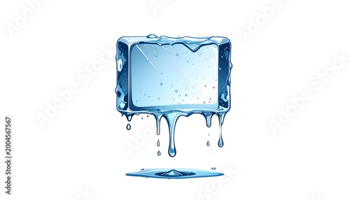 A cartoon-style ice block with melting edges and drips, set against a black backdrop