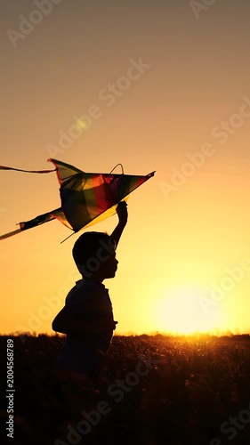 Boy child flying kite on wheat field, sunset. Happy kid dreams. Boy playing, kite gliding in sky. Happy child run with kite, childhood dream to travel. Boy rejoicing enjoying vacation in countryside