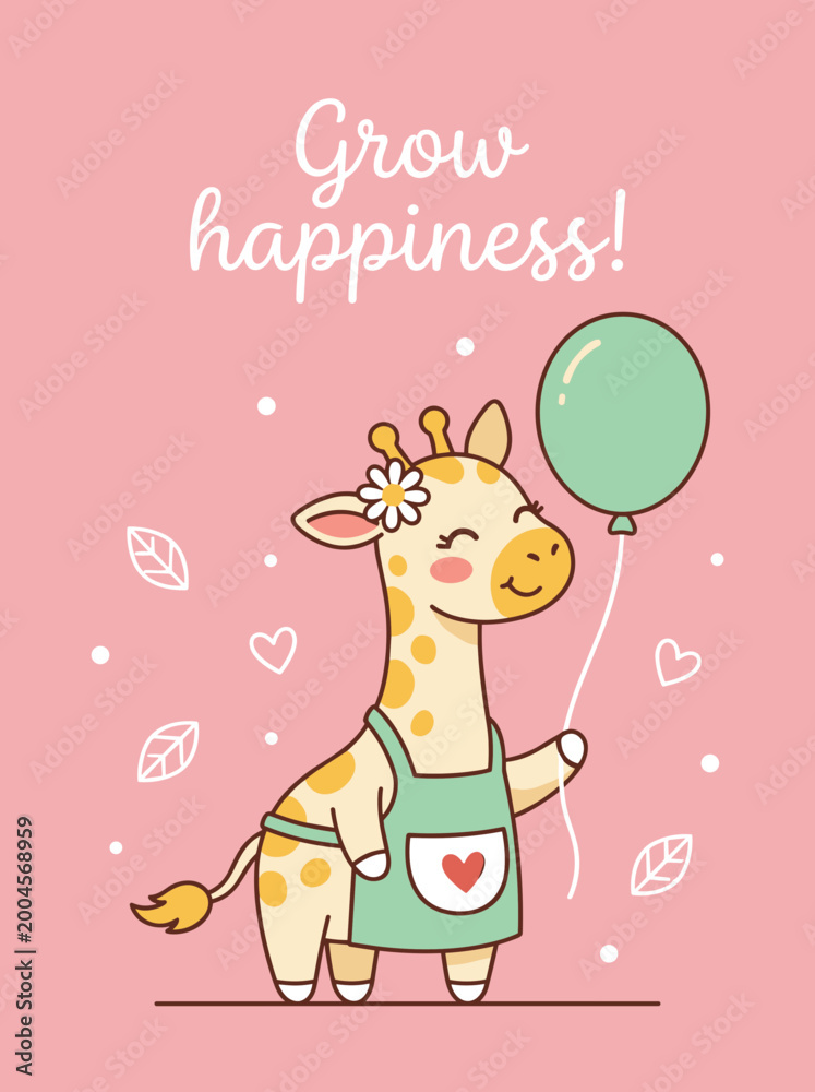 Naklejka premium Cute Giraffe Vector Illustration, Grow Happiness Poster Design, Animal Character with Balloon, Nursery Wall Art, Children Greeting Card on Pink